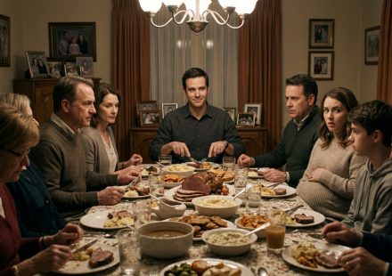 A man calmly sitting at a crowded family dinner after Dad gave my room to my sister while his relatives watch his reaction.