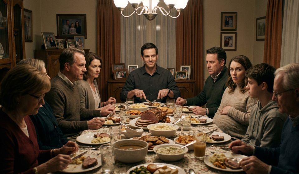 A man calmly sitting at a crowded family dinner after Dad gave my room to my sister while his relatives watch his reaction.