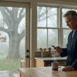 A 63-year-old father reading an unexpected email from his son while standing with his morning coffee in his kitchen.