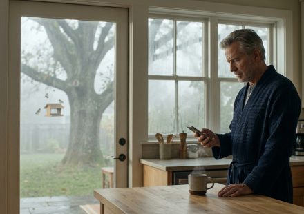 A 63-year-old father reading an unexpected email from his son while standing with his morning coffee in his kitchen.