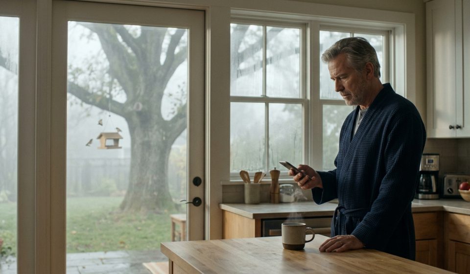 A 63-year-old father reading an unexpected email from his son while standing with his morning coffee in his kitchen.