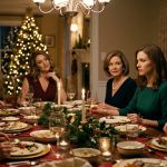 A 35-year-old woman calmly sets down her wineglass as her mother's smile fades during a tense Christmas family dinner.