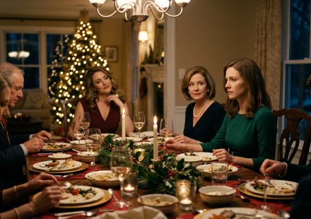 A 35-year-old woman calmly sets down her wineglass as her mother's smile fades during a tense Christmas family dinner.
