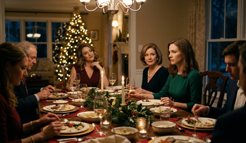 A 35-year-old woman calmly sets down her wineglass as her mother's smile fades during a tense Christmas family dinner.