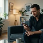 A young man sits alone in his apartment, looking shocked at an unexpected payment request on his smartphone from his mother.