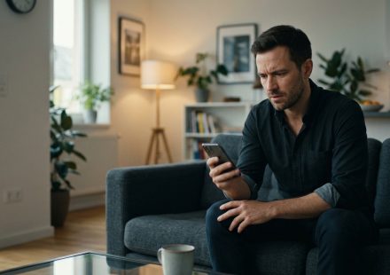 A young man sits alone in his apartment, looking shocked at an unexpected payment request on his smartphone from his mother.