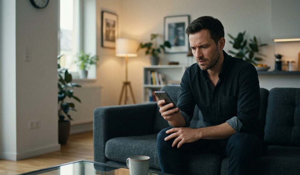A young man sits alone in his apartment, looking shocked at an unexpected payment request on his smartphone from his mother.