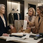 Older woman at a luxury boutique checkout after her daughter-in-law forgot her card