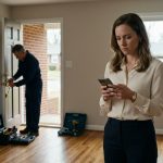 A 31-year-old woman checking her phone while a locksmith installs a new deadbolt on the front door of her recently purchased home.