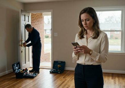 A 31-year-old woman checking her phone while a locksmith installs a new deadbolt on the front door of her recently purchased home.