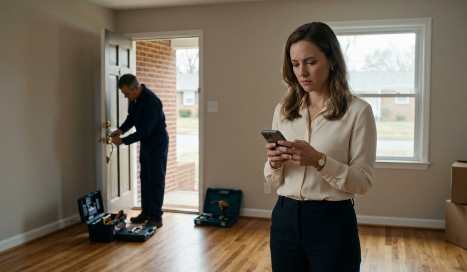 A 31-year-old woman checking her phone while a locksmith installs a new deadbolt on the front door of her recently purchased home.