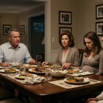 A young female law student sits calmly at a family dinner while her parents announce a financial decision favoring her pregnant younger sister.