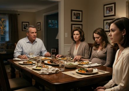 A young female law student sits calmly at a family dinner while her parents announce a financial decision favoring her pregnant younger sister.