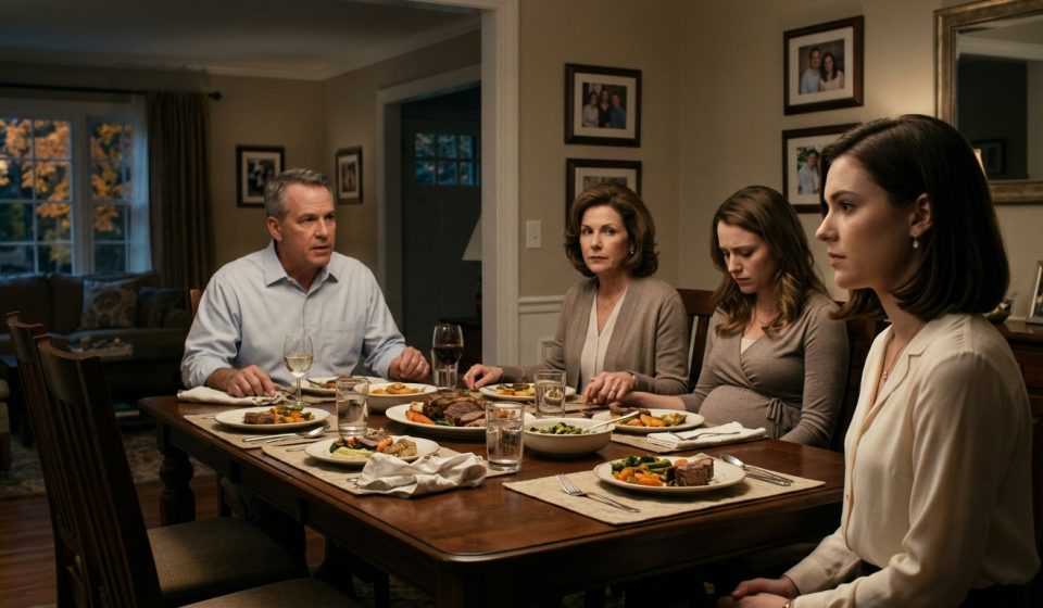 A young female law student sits calmly at a family dinner while her parents announce a financial decision favoring her pregnant younger sister.