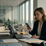 A professional woman sits at her corporate office desk, looking at an upsetting family group-chat message on her smartphone beside a stack of reports.