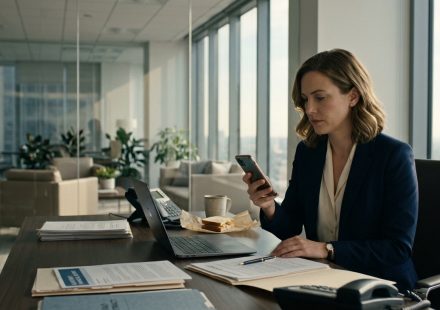 A professional woman sits at her corporate office desk, looking at an upsetting family group-chat message on her smartphone beside a stack of reports.