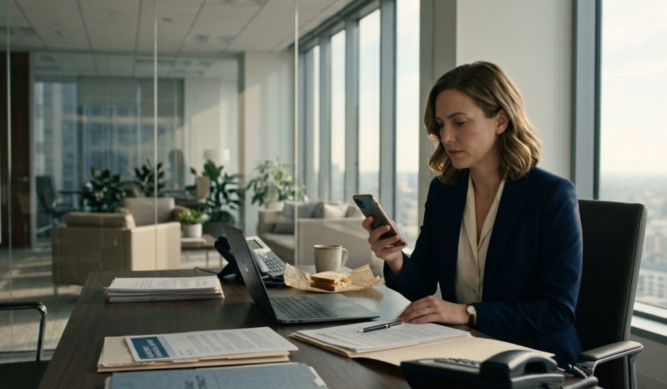 A professional woman sits at her corporate office desk, looking at an upsetting family group-chat message on her smartphone beside a stack of reports.