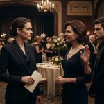 Woman holding her invitation as security approaches after her stepmother orders her removed from an elegant hotel gala