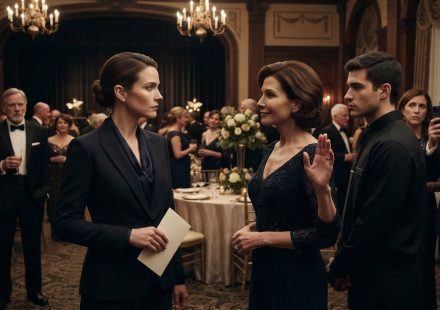 Woman holding her invitation as security approaches after her stepmother orders her removed from an elegant hotel gala