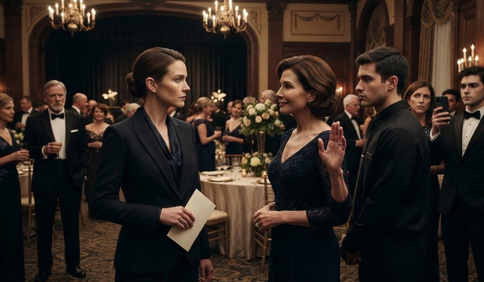 Woman holding her invitation as security approaches after her stepmother orders her removed from an elegant hotel gala