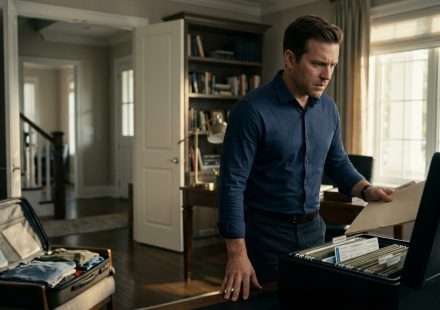 A worried father examines an empty passport compartment inside a fireproof document box while his two children wait nearby with their vacation luggage.