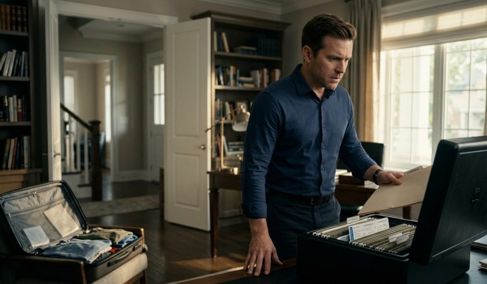A worried father examines an empty passport compartment inside a fireproof document box while his two children wait nearby with their vacation luggage.