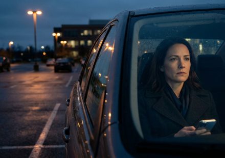 A 39-year-old woman sitting alone in her parked car after learning she is not welcome at Christmas with her family.