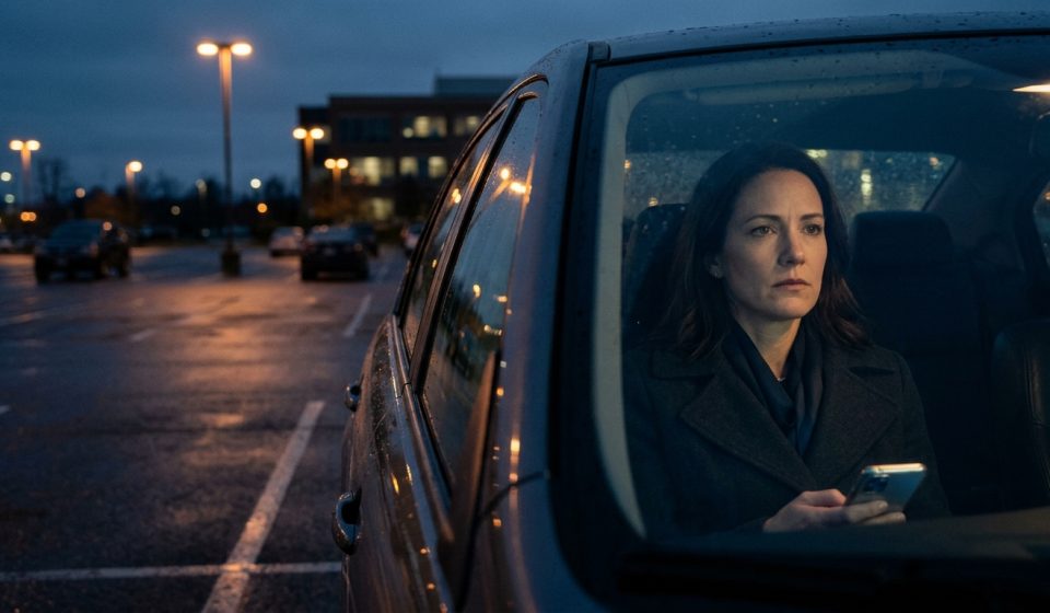 A 39-year-old woman sitting alone in her parked car after learning she is not welcome at Christmas with her family.