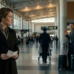 A worried woman secretly holding a folded note inside an airport terminal while her husband stands nearby with a locked dark green suitcase.
