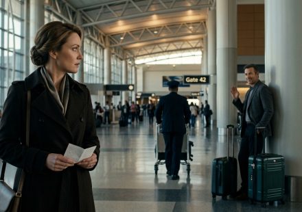 A worried woman secretly holding a folded note inside an airport terminal while her husband stands nearby with a locked dark green suitcase.