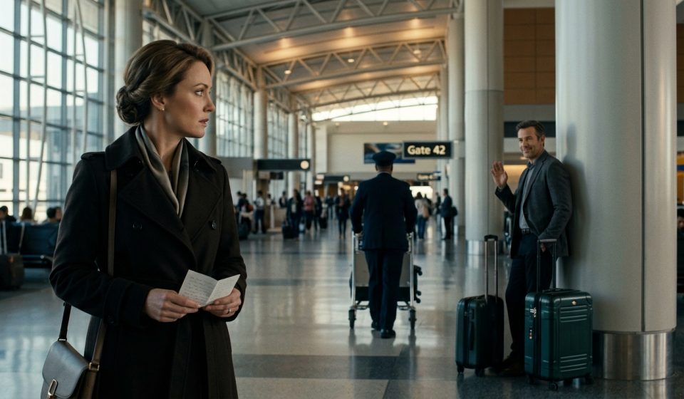 A worried woman secretly holding a folded note inside an airport terminal while her husband stands nearby with a locked dark green suitcase.