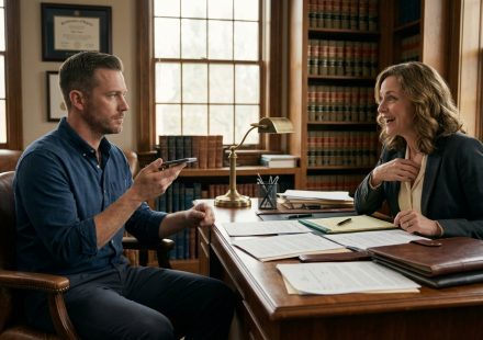 A 34-year-old carpenter looks shocked as his attorney laughs during a speakerphone call about his parents' threat to sue him for his house.