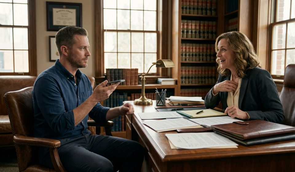 A 34-year-old carpenter looks shocked as his attorney laughs during a speakerphone call about his parents' threat to sue him for his house.