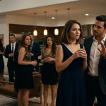A woman stands silently in shock as her boyfriend angrily interrupts her in front of uncomfortable guests at an evening house party.