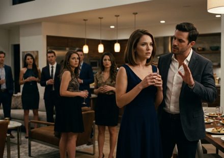 A woman stands silently in shock as her boyfriend angrily interrupts her in front of uncomfortable guests at an evening house party.