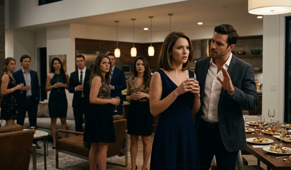 A woman stands silently in shock as her boyfriend angrily interrupts her in front of uncomfortable guests at an evening house party.