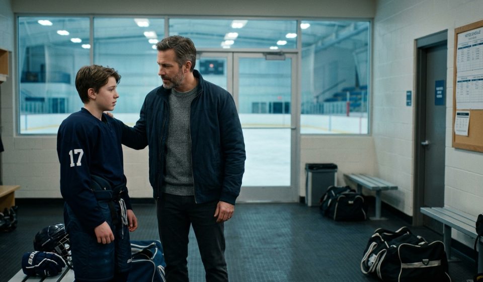 A worried father approaches his teenage son beside a hockey arena bathroom sink after receiving an urgent private message during practice.