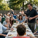 A young professional man sits quietly at a family cookout while his father stands and publicly dismisses his important career ceremony in front of their relatives.
