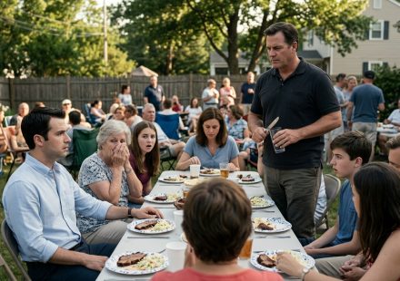 A young professional man sits quietly at a family cookout while his father stands and publicly dismisses his important career ceremony in front of their relatives.