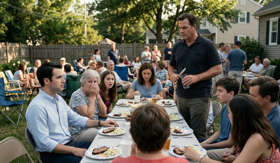A young professional man sits quietly at a family cookout while his father stands and publicly dismisses his important career ceremony in front of their relatives.