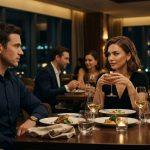 Young man sitting calmly across from his girlfriend at an elegant restaurant as she speaks dismissively to him in front of their friends.
