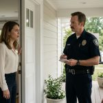 Anastasia Hawkins looks confused as two uniformed police officers stand at her front door asking questions about her missing husband.