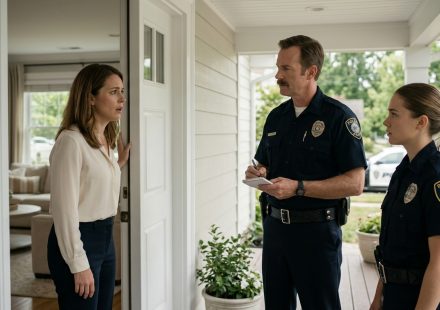 Anastasia Hawkins looks confused as two uniformed police officers stand at her front door asking questions about her missing husband.