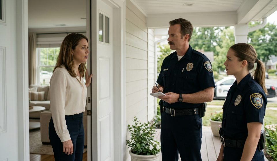 Anastasia Hawkins looks confused as two uniformed police officers stand at her front door asking questions about her missing husband.