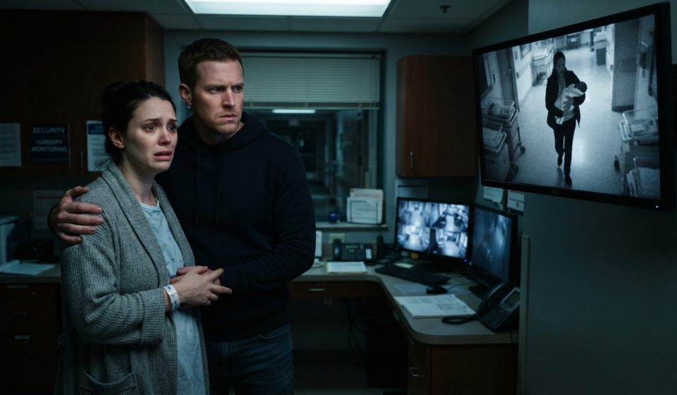 Parents watching hospital security footage after their daughter vanished from the nursery