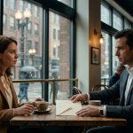 A shocked woman sits across from a mysterious businessman in a Chicago café, staring at a thick envelope during a tense conversation about her marriage.