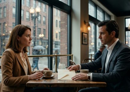 A shocked woman sits across from a mysterious businessman in a Chicago café, staring at a thick envelope during a tense conversation about her marriage.