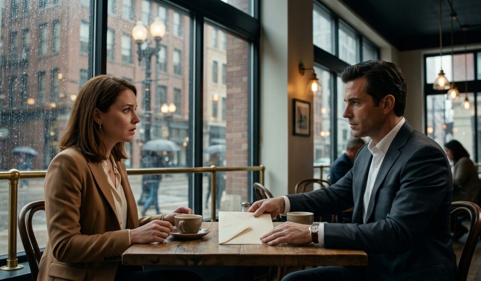 A shocked woman sits across from a mysterious businessman in a Chicago café, staring at a thick envelope during a tense conversation about her marriage.