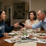 Angry retired military officer snatching a smartphone from his girlfriend's daughter during a tense family dinner.