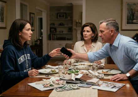 Angry retired military officer snatching a smartphone from his girlfriend's daughter during a tense family dinner.